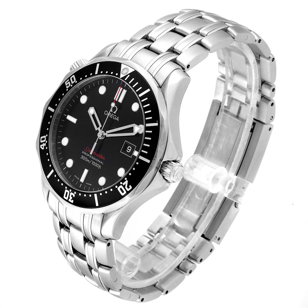 The image shows an angled view of the Omega Seamaster 212.30.41.61.01.001 Men
s Stainless Steel Black Dial 212.30.41.61.01.001 Men
s Stainless Steel Black Dial watch, highlighting its bezel, dial, and stainless steel bracelet.