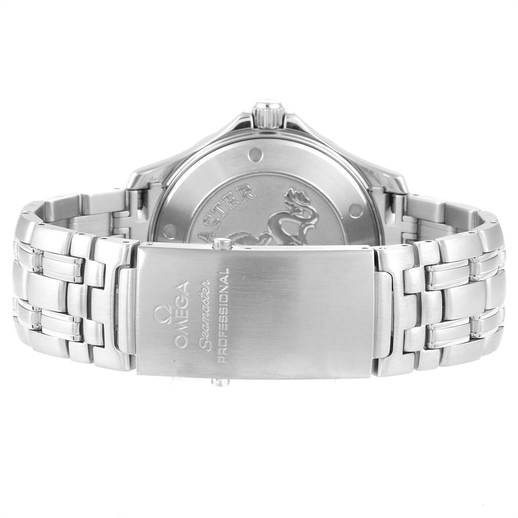 The image shows the back view of the Omega Seamaster 212.30.41.61.01.001 Men
s Stainless Steel Black Dial 212.30.41.61.01.001 Men
s Stainless Steel Black Dial watch focusing on its clasp and case back.