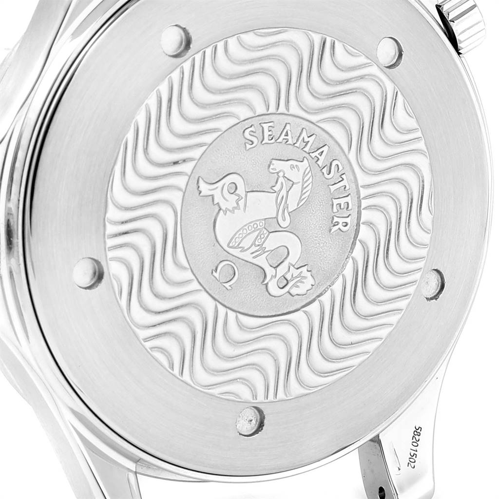 The image shows the back of an Omega Seamaster 2541.80.00 Men
s Stainless Steel Blue Dial 2541.80.00 Men
s Stainless Steel Blue Dial watch with its engraved logo and wave pattern.