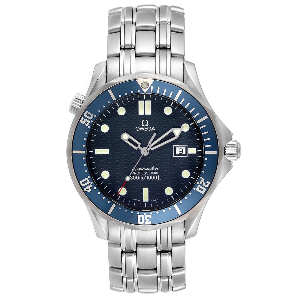 The Omega Seamaster 2541.80.00 Men
s Stainless Steel Blue Dial 2541.80.00 Men
s Stainless Steel Blue Dial watch is shown from a top-down angle, displaying its blue dial, bezel, and silver bracelet.