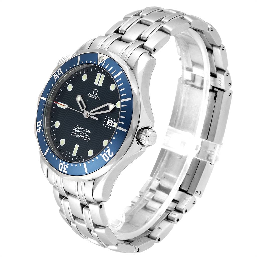 The Omega Seamaster 2541.80.00 Men
s Stainless Steel Blue Dial 2541.80.00 Men
s Stainless Steel Blue Dial watch is shown at an angled side view displaying the face, bezel, crown, and metal bracelet.