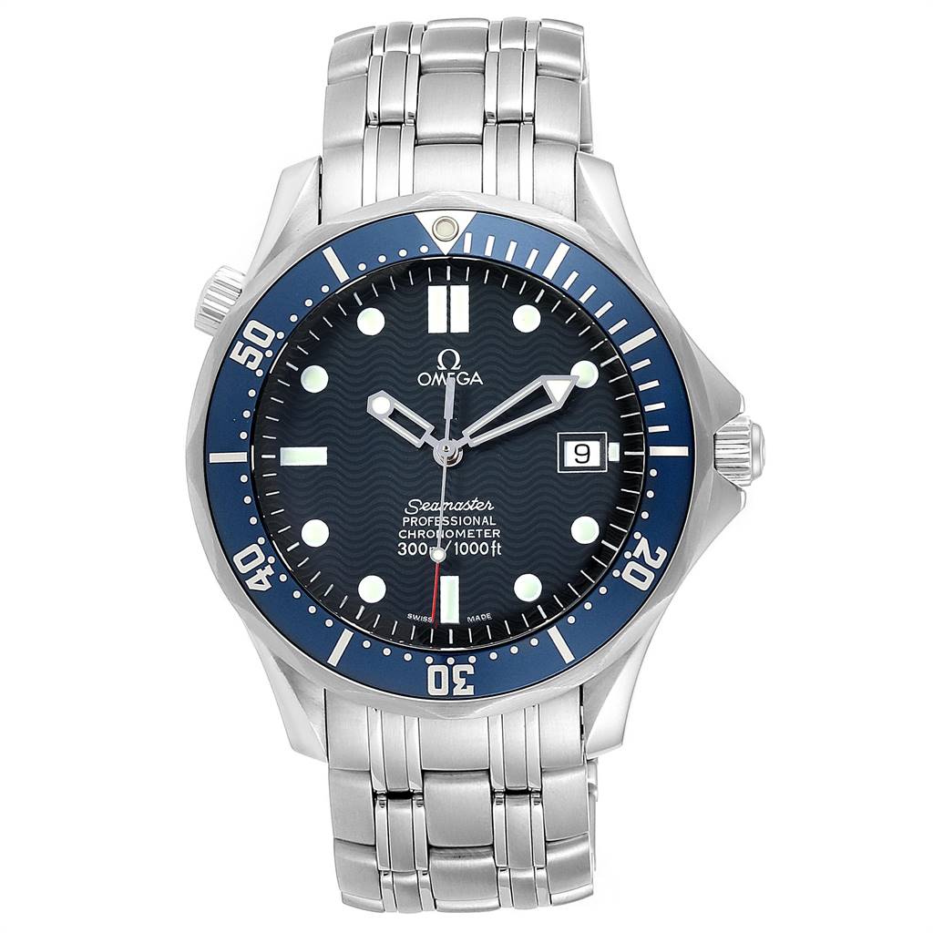 The image shows a front view of the Omega Seamaster 2531.80.00 Men
s Stainless Steel Blue Dial 2531.80.00 Men
s Stainless Steel Blue Dial watch displaying its dial, bezel, and bracelet.