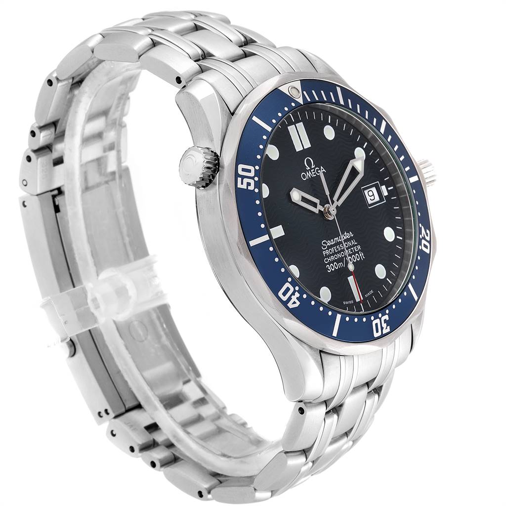 The image shows a side and angled front view of an Omega Seamaster 2531.80.00 Men
s Stainless Steel Blue Dial 2531.80.00 Men
s Stainless Steel Blue Dial watch, highlighting its bezel, crown, dial, and bracelet.