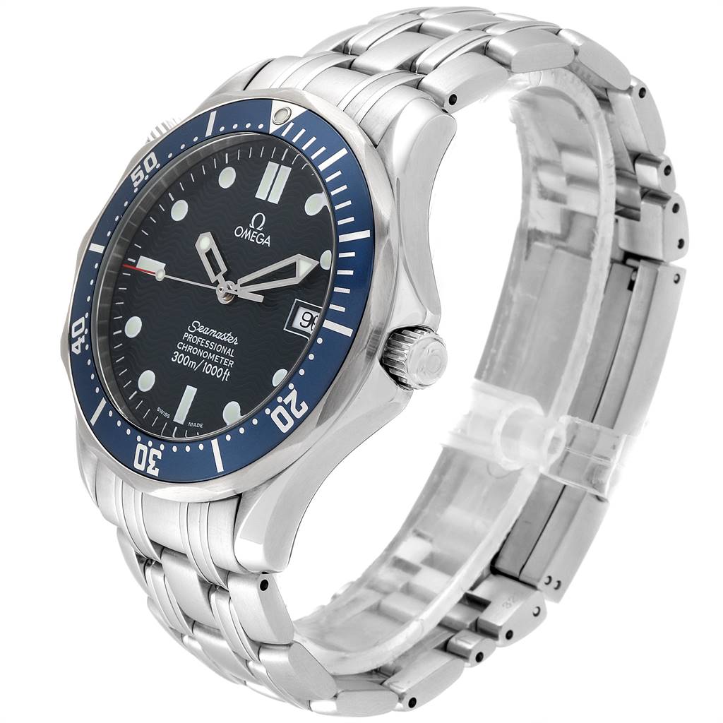 The Omega Seamaster 2531.80.00 Men
s Stainless Steel Blue Dial 2531.80.00 Men
s Stainless Steel Blue Dial watch is shown at a three-quarter angle displaying the dial, bezel, crown, and bracelet.