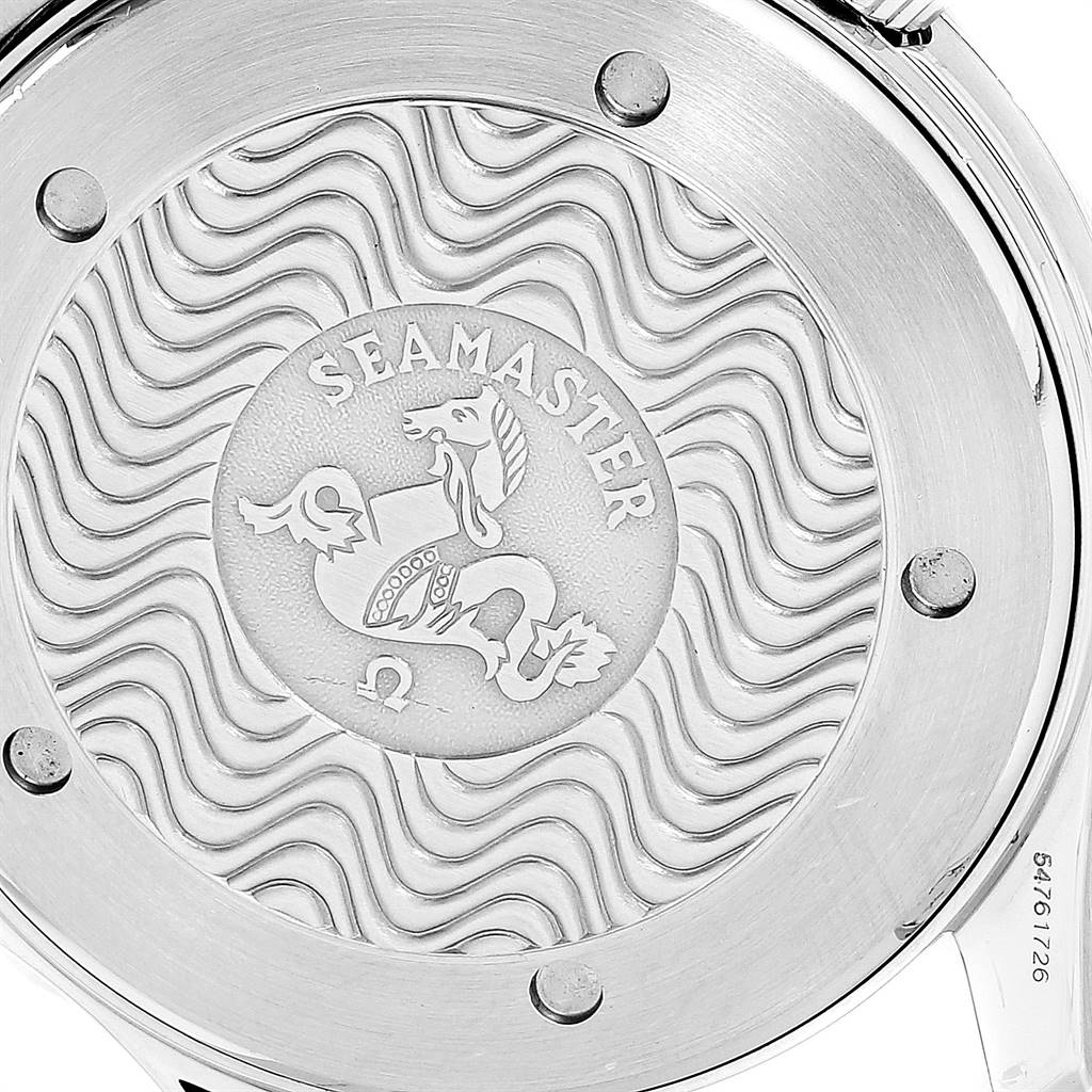 This is a close-up of the case back of an Omega Seamaster 2541.80.00 Men
s Stainless Steel Blue Dial 2541.80.00 Men
s Stainless Steel Blue Dial watch, showcasing the engraved emblem and decorative wave pattern.