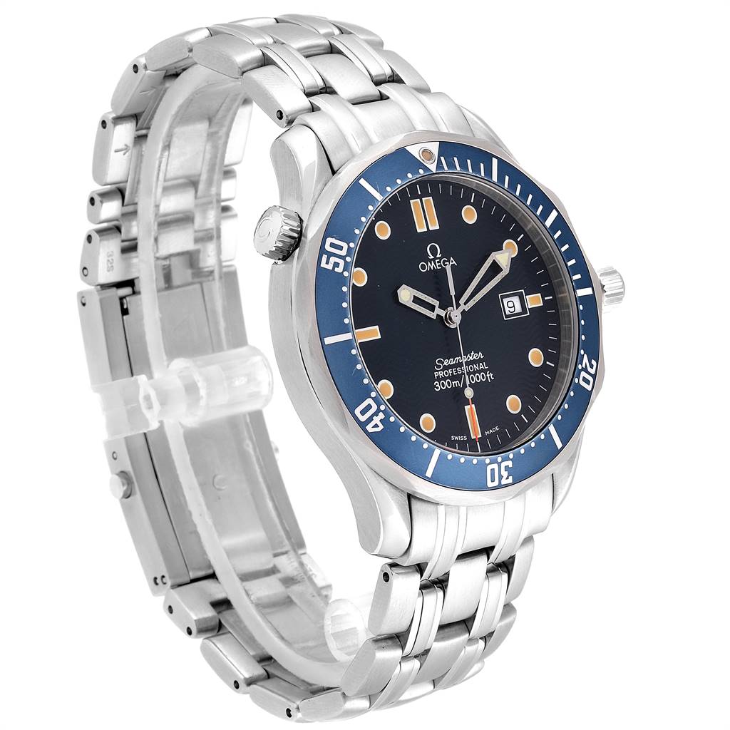 The Omega Seamaster 2541.80.00 Men
s Stainless Steel Blue Dial 2541.80.00 Men
s Stainless Steel Blue Dial watch is shown at an angle showcasing the dial, bezel, crown, and bracelet.