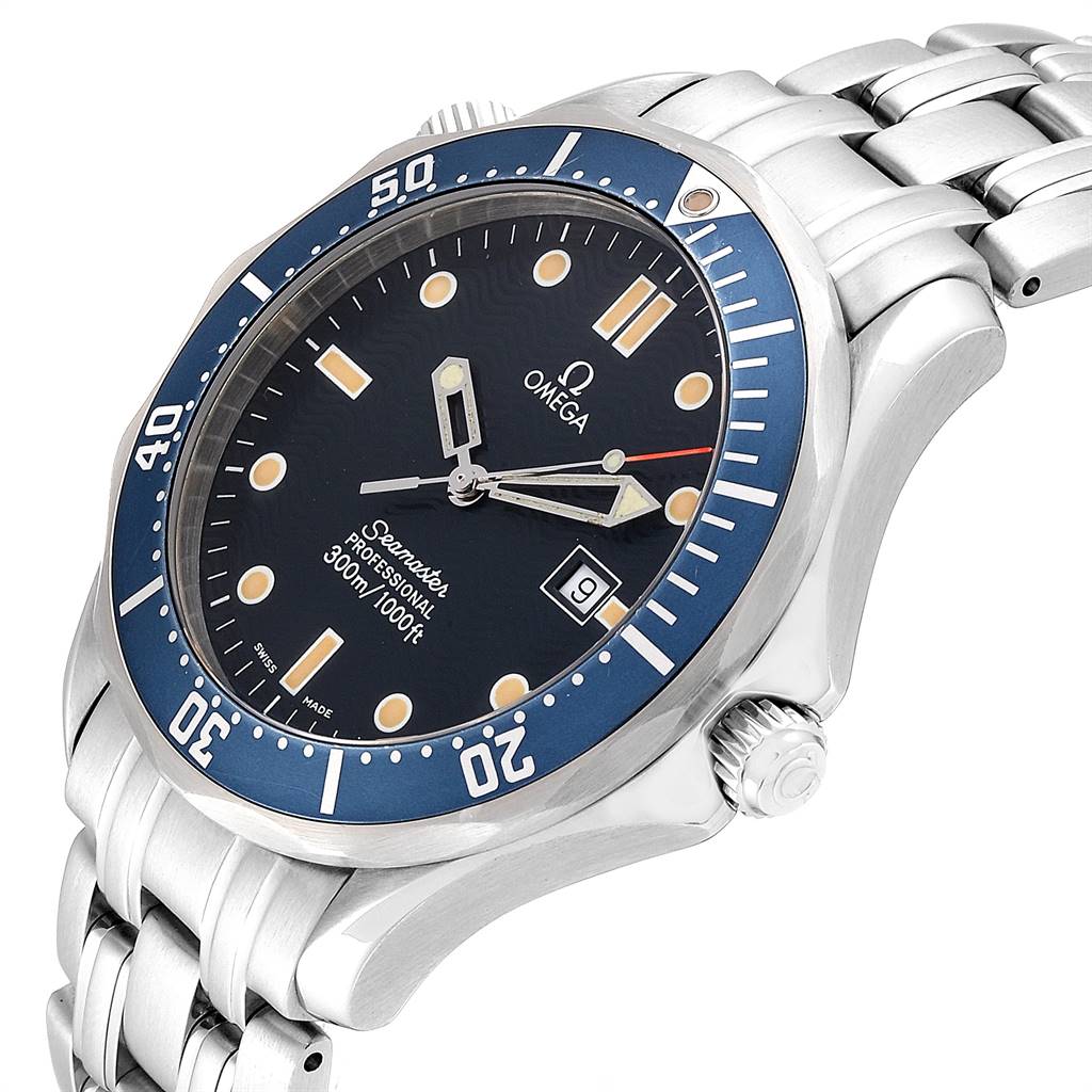 The Omega Seamaster 2541.80.00 Men
s Stainless Steel Blue Dial 2541.80.00 Men
s Stainless Steel Blue Dial watch is shown at a slight angle, highlighting the face, bezel, and part of the stainless steel bracelet.