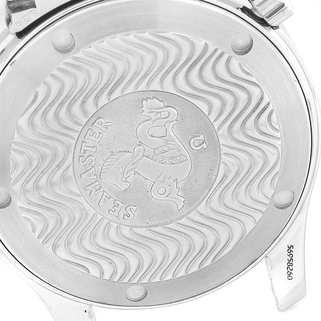 The image shows the back case of an Omega Seamaster 2561.80.00 Men
s Stainless Steel Blue Dial 2561.80.00 Men
s Stainless Steel Blue Dial watch, featuring its signature wave pattern and engraved logo.