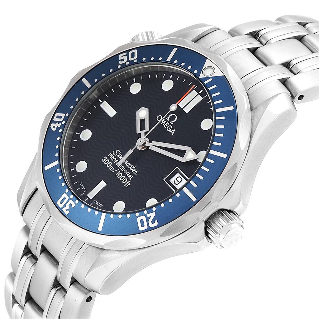 The Omega Seamaster 2561.80.00 Men
s Stainless Steel Blue Dial 2561.80.00 Men
s Stainless Steel Blue Dial watch is displayed at a three-quarter angle, showing the face, bezel, case, crown, and part of the bracelet.