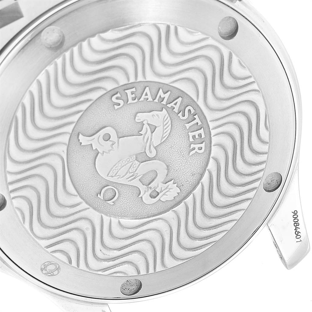 The image shows the case back of an Omega Seamaster 2263.80.00 Men
s Stainless Steel Blue Dial 2263.80.00 Men
s Stainless Steel Blue Dial watch, featuring a wave pattern and the Seamaster logo.