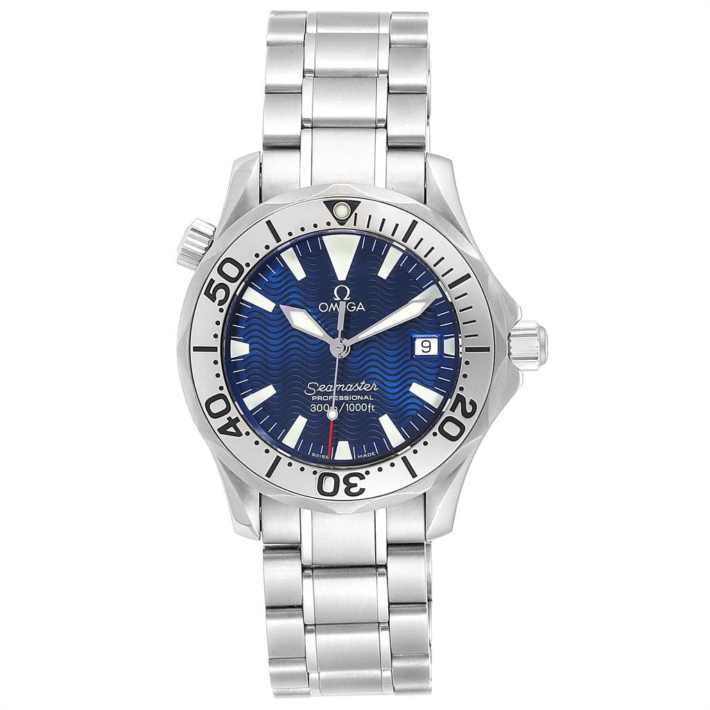 This image shows a front view of the Omega Seamaster 2263.80.00 Men
s Stainless Steel Blue Dial 2263.80.00 Men
s Stainless Steel Blue Dial watch, featuring its blue dial, stainless steel bezel, and bracelet.