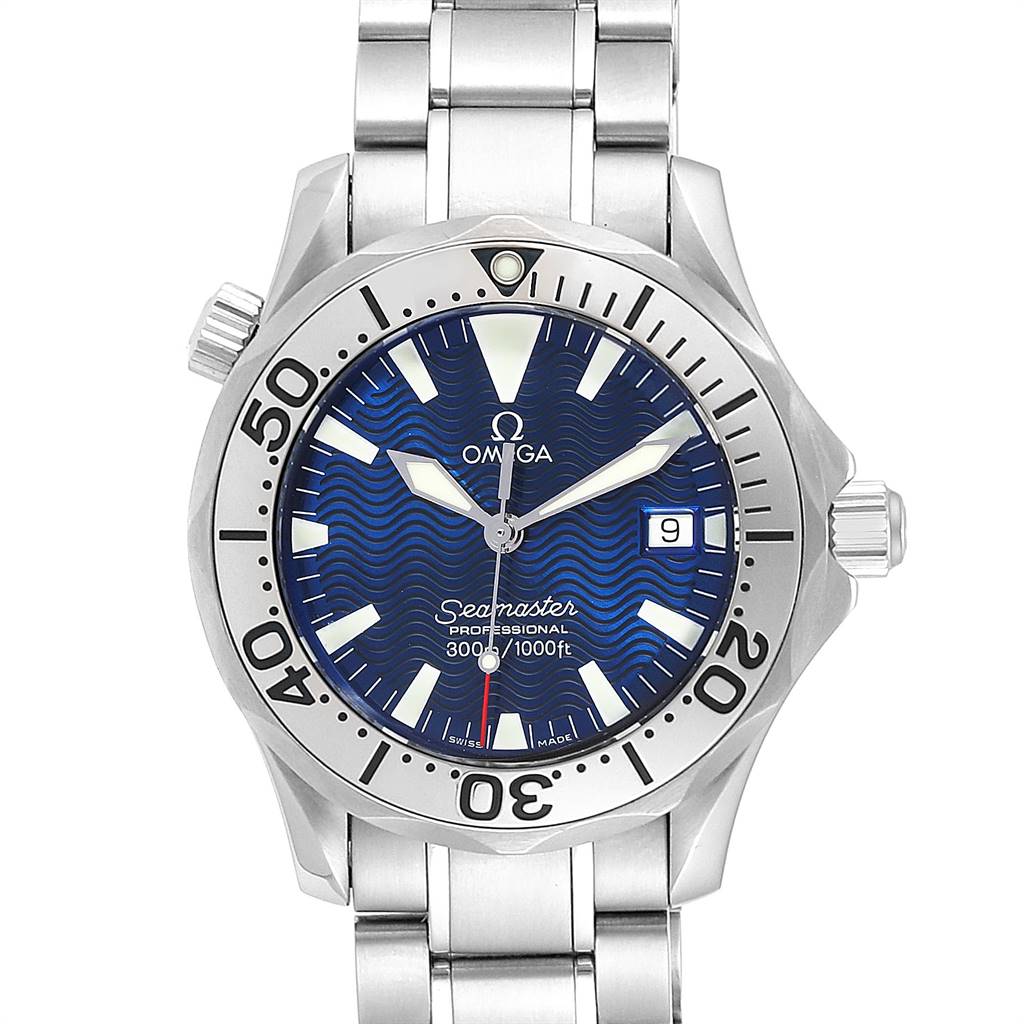 The image shows a frontal view of the Omega Seamaster 2263.80.00 Men
s Stainless Steel Blue Dial 2263.80.00 Men
s Stainless Steel Blue Dial watch, highlighting the dial, bezel, crown, and stainless steel bracelet.