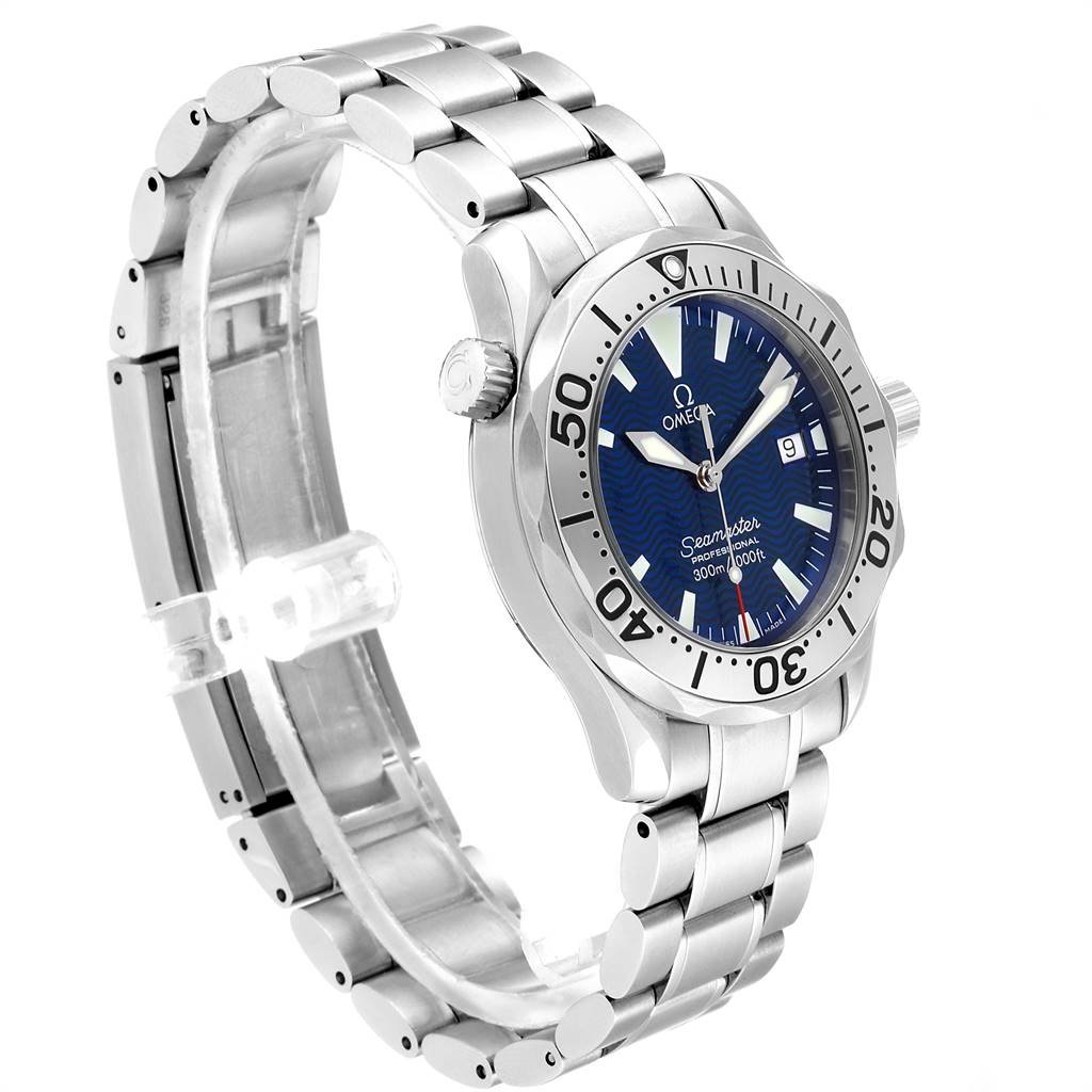 The image shows an Omega Seamaster 2263.80.00 Men
s Stainless Steel Blue Dial 2263.80.00 Men
s Stainless Steel Blue Dial watch angled to display the bracelet, crown, and blue dial with a wave pattern.