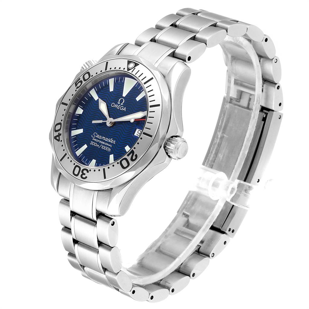 This Omega Seamaster 2263.80.00 Men
s Stainless Steel Blue Dial 2263.80.00 Men
s Stainless Steel Blue Dial watch is shown at a slight angle, displaying its face, bezel, crown, and stainless steel bracelet.