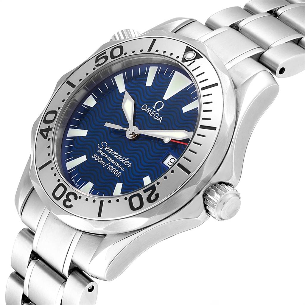 The image shows an angled view of an Omega Seamaster 2263.80.00 Men
s Stainless Steel Blue Dial 2263.80.00 Men
s Stainless Steel Blue Dial watch, displaying the face, bezel, crown, and part of the bracelet.