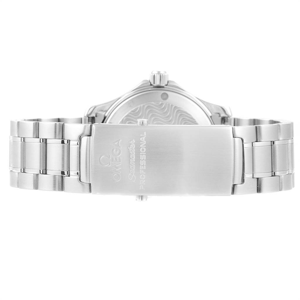 The image shows the back and bracelet of an Omega Seamaster 2263.80.00 Men
s Stainless Steel Blue Dial 2263.80.00 Men
s Stainless Steel Blue Dial watch, focusing on the clasp engraved with the brand and model name.