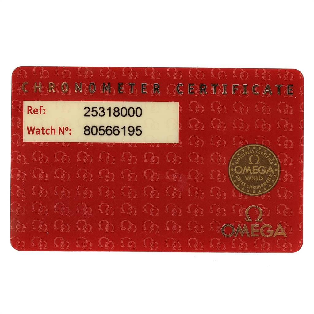 The image shows a red Chronometer Certificate card for the Omega Seamaster 2531.80.00 Men
s Stainless Steel Blue Dial 2531.80.00 Men
s Stainless Steel Blue Dial model.