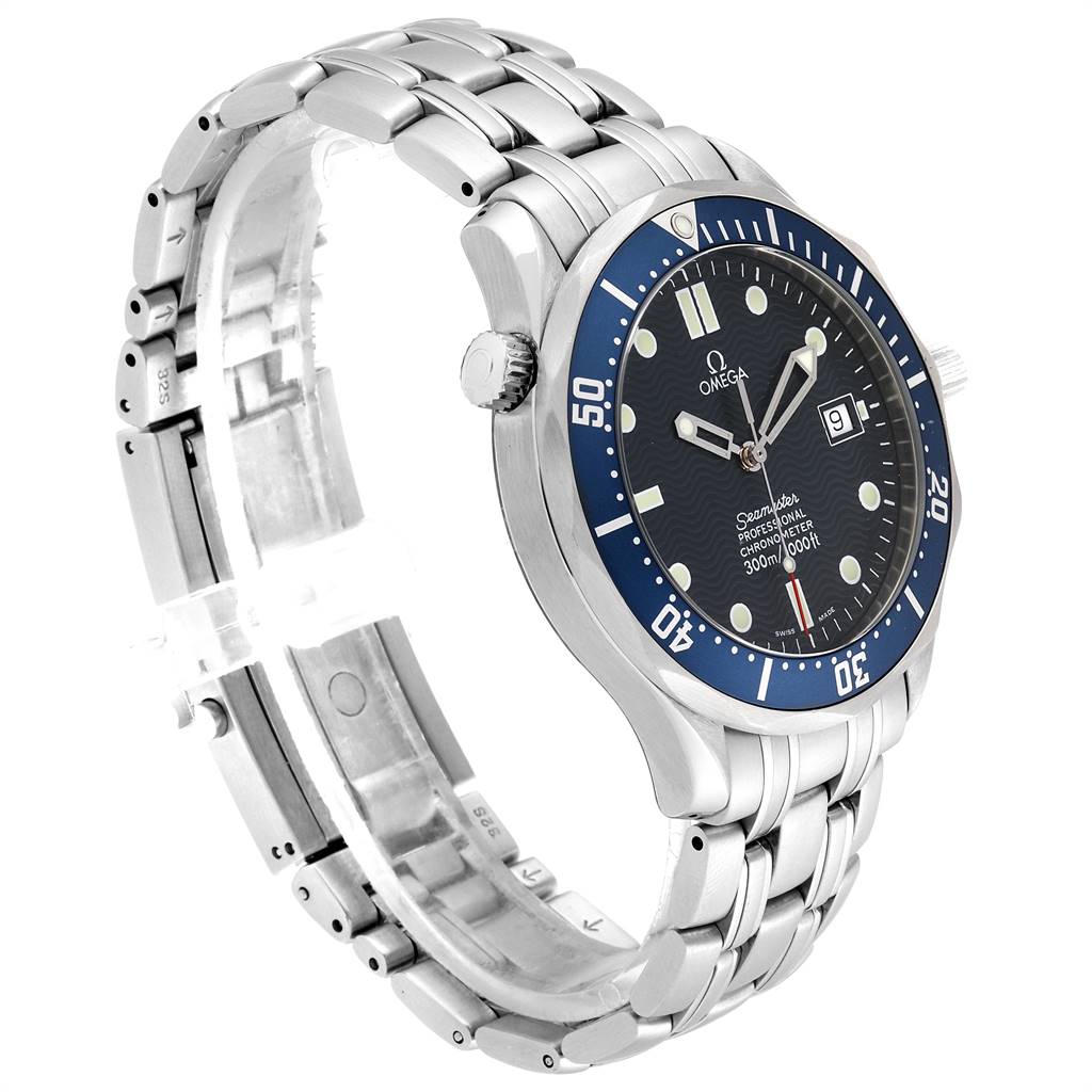 The image shows an angled side view of an Omega Seamaster 2531.80.00 Men
s Stainless Steel Blue Dial 2531.80.00 Men
s Stainless Steel Blue Dial watch, highlighting the dial, bezel, and bracelet.
