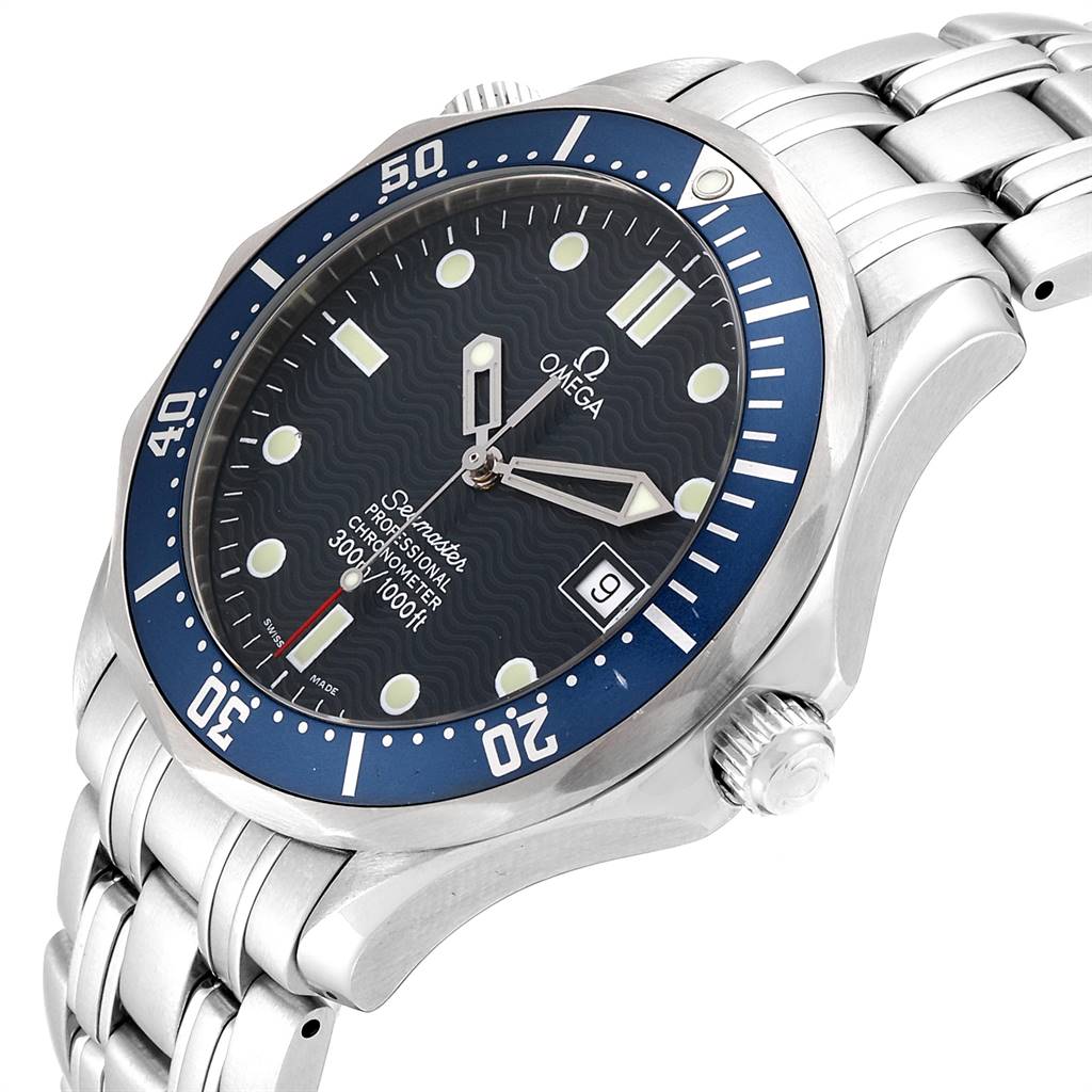 This Omega Seamaster 2531.80.00 Men
s Stainless Steel Blue Dial 2531.80.00 Men
s Stainless Steel Blue Dial watch is shown at an angle from the front-left side, revealing the dial, bezel, crown, and part of the bracelet.