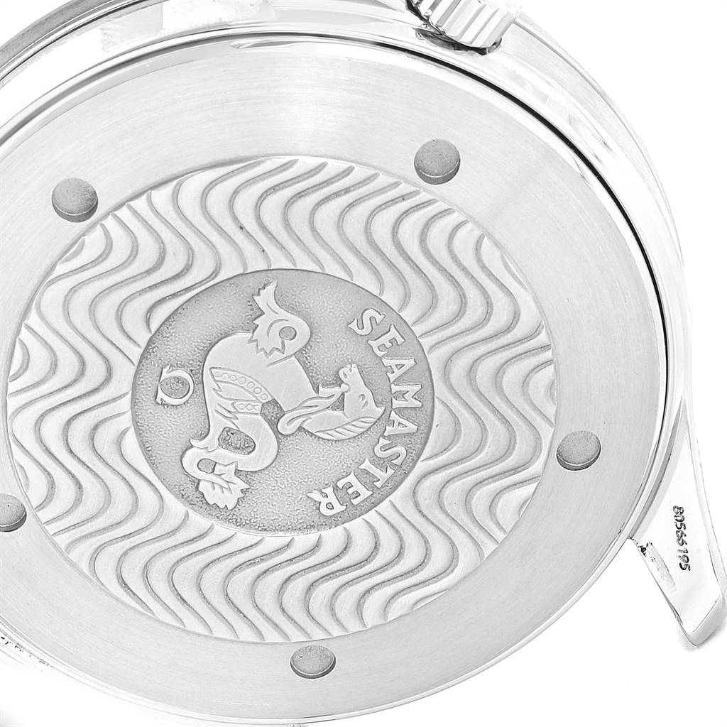 The image shows the back casing of an Omega Seamaster 2531.80.00 Men
s Stainless Steel Blue Dial 2531.80.00 Men
s Stainless Steel Blue Dial watch, featuring the Seamaster logo with the wave pattern detail.