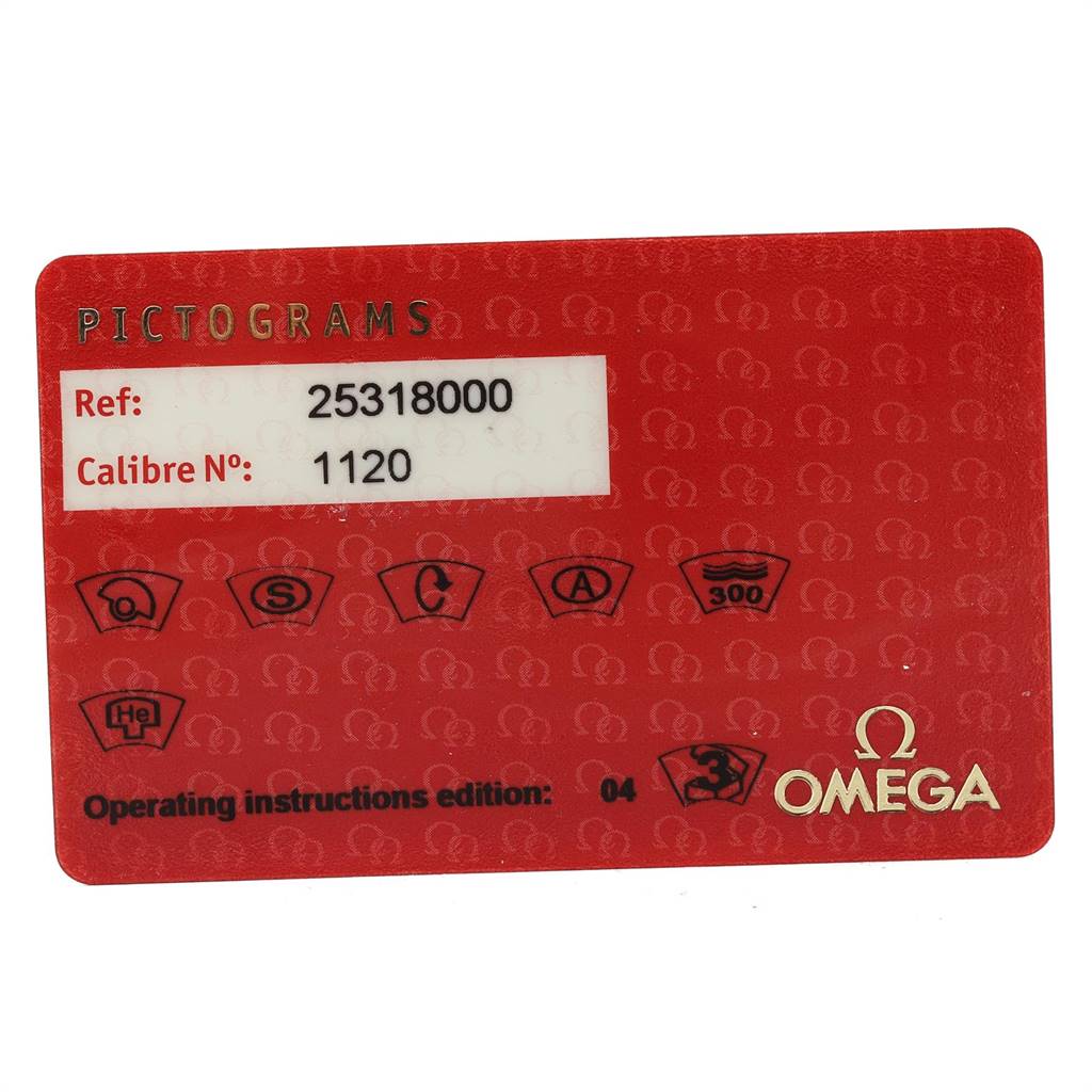 This image shows the pictogram card for an Omega Seamaster 2531.80.00 Men
s Stainless Steel Blue Dial 2531.80.00 Men
s Stainless Steel Blue Dial watch, displaying the reference number, calibre number, and various symbols.