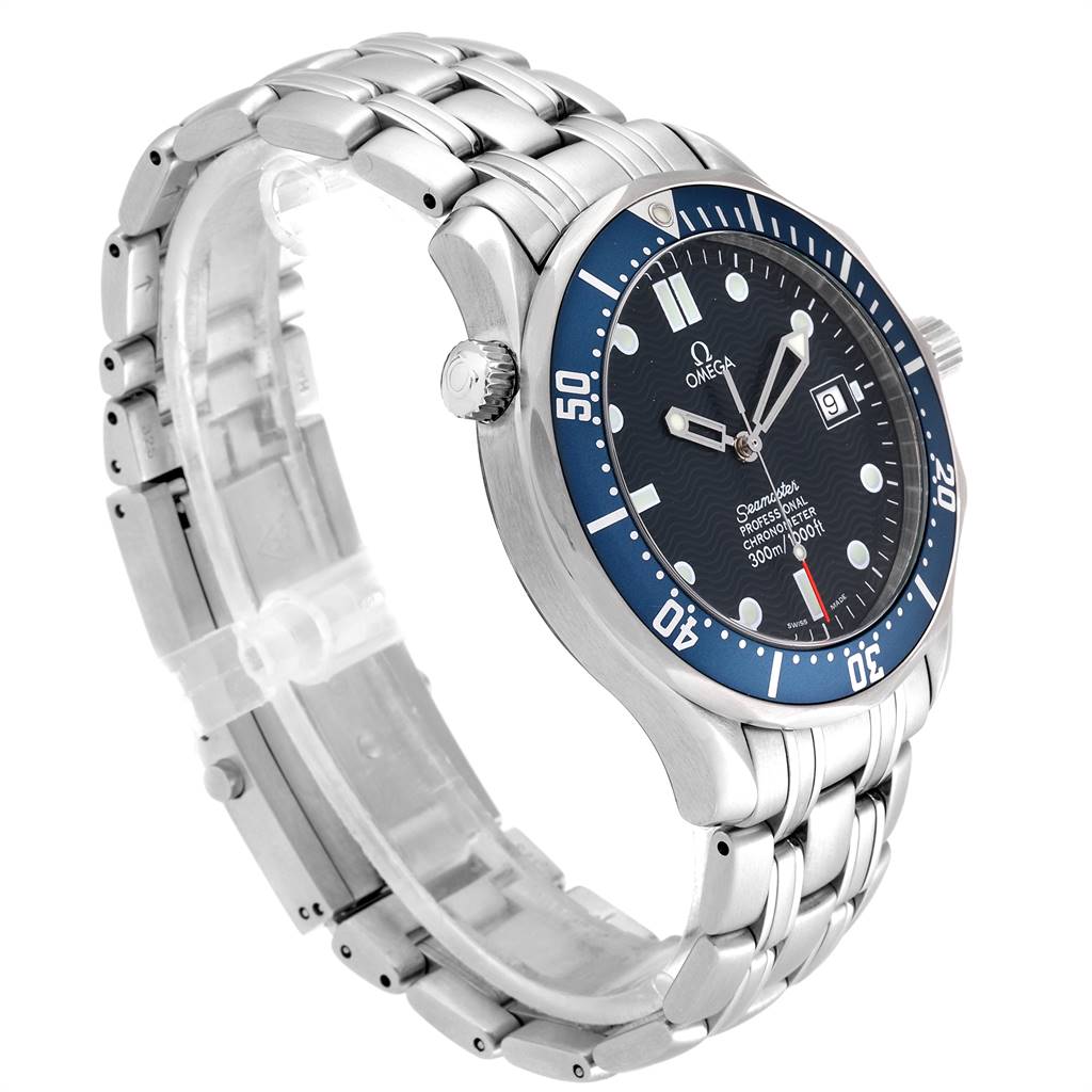 The Omega Seamaster 2531.80.00 Men
s Stainless Steel Blue Dial 2531.80.00 Men
s Stainless Steel Blue Dial watch is shown at an angled side view, displaying the face, dial, crown, bezel, and metal bracelet.
