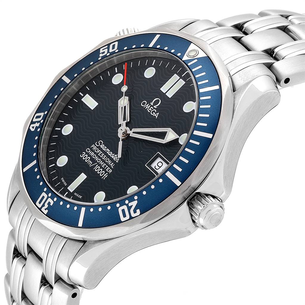 The Omega Seamaster 2531.80.00 Men
s Stainless Steel Blue Dial 2531.80.00 Men
s Stainless Steel Blue Dial watch is shown at an angle highlighting its dial, bezel, crown, and bracelet.