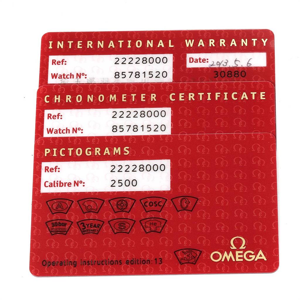The image shows the International Warranty, Chronometer Certificate, and Pictograms cards for an Omega Seamaster 2222.80.00 Men
s Stainless Steel Blue Dial 2222.80.00 Men
s Stainless Steel Blue Dial watch.