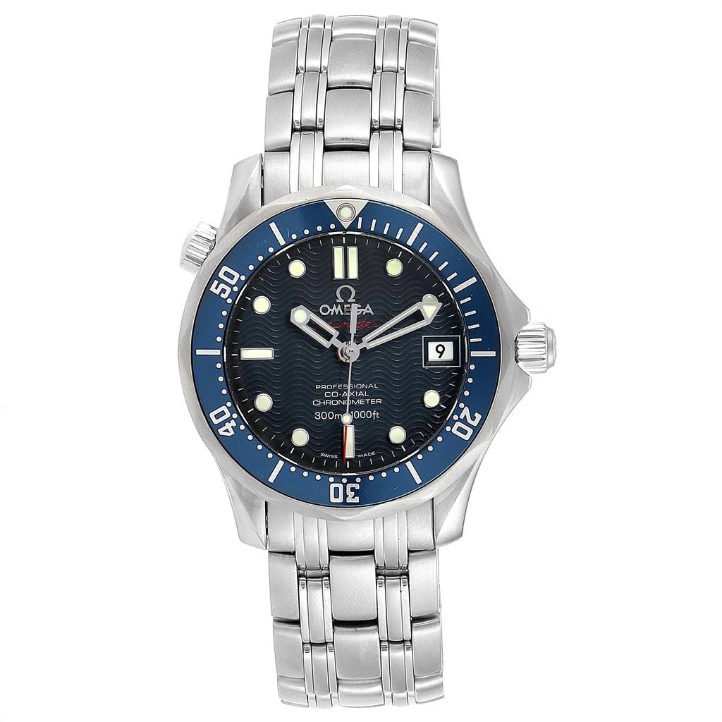 The Omega Seamaster 2222.80.00 Men
s Stainless Steel Blue Dial 2222.80.00 Men
s Stainless Steel Blue Dial watch is shown from a front angle, displaying its face, blue bezel, silver bracelet, and crown.