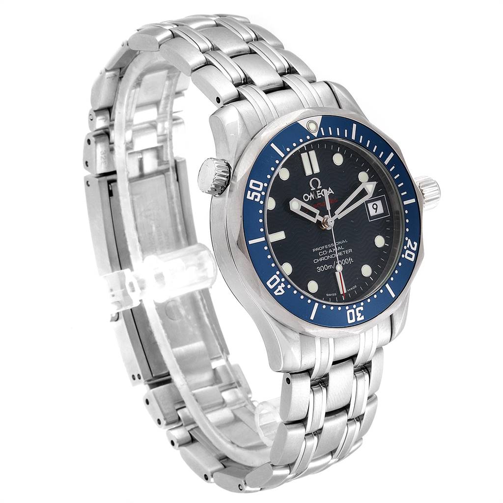 The image shows an Omega Seamaster 2222.80.00 Men
s Stainless Steel Blue Dial 2222.80.00 Men
s Stainless Steel Blue Dial watch at a slight side angle, highlighting the dial, bezel, case, and metal bracelet.