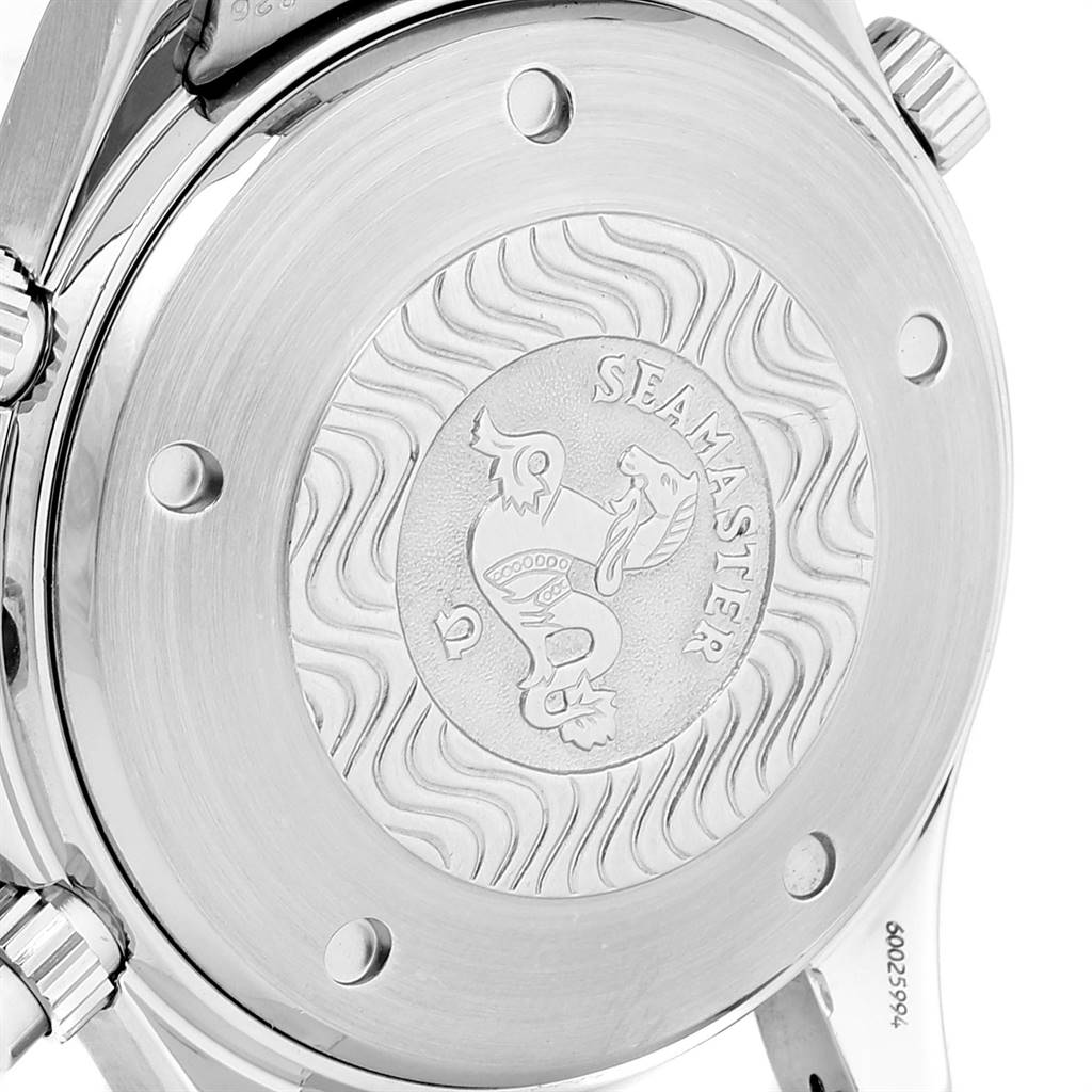 This image shows the back case of an Omega Seamaster 2598.80.00 Men
s Stainless Steel Blue Dial 2598.80.00 Men
s Stainless Steel Blue Dial watch, highlighting the engraved design and logo.