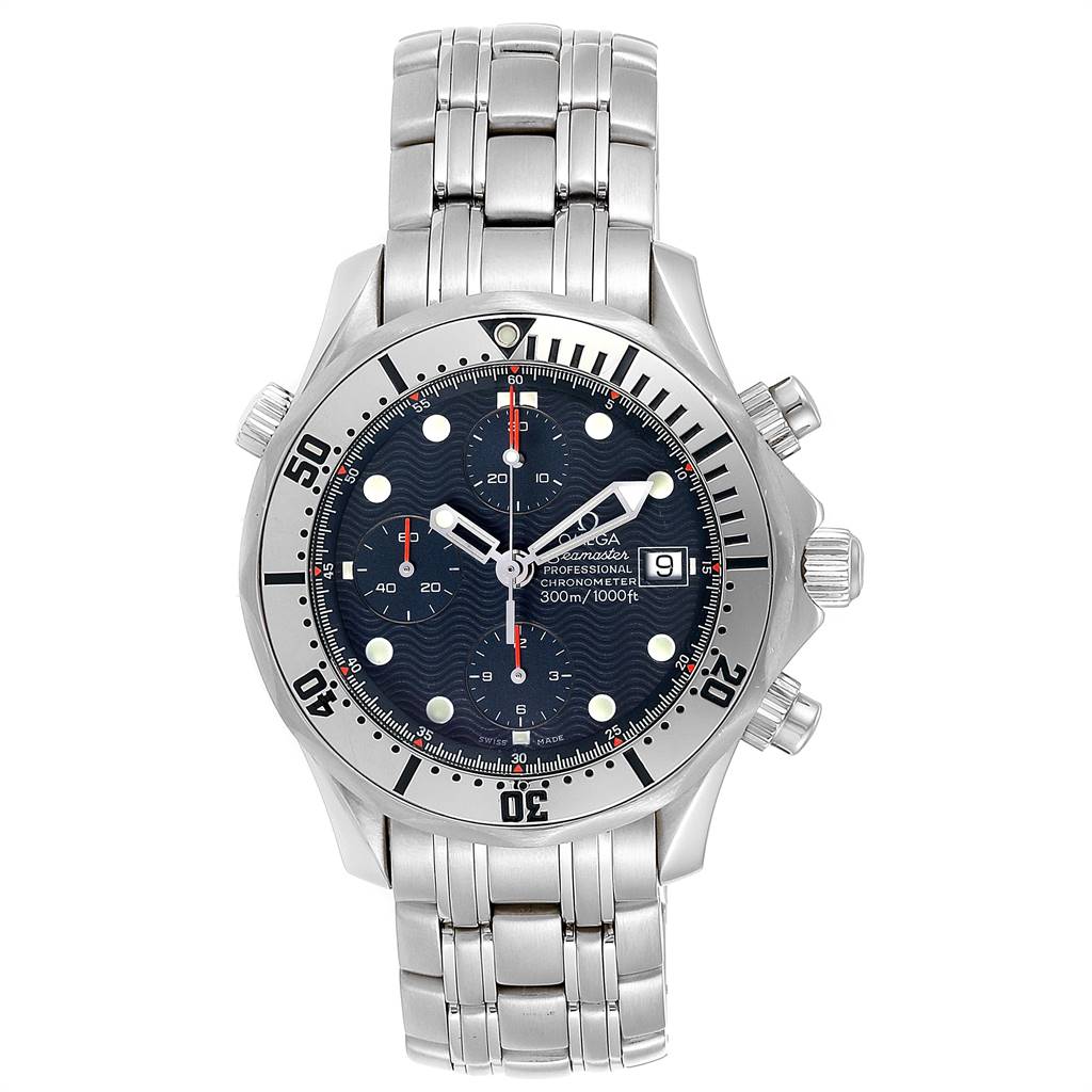The image shows a front view of an Omega Seamaster 2598.80.00 Men
s Stainless Steel Blue Dial 2598.80.00 Men
s Stainless Steel Blue Dial watch, displaying the face, bezel, and stainless steel bracelet.