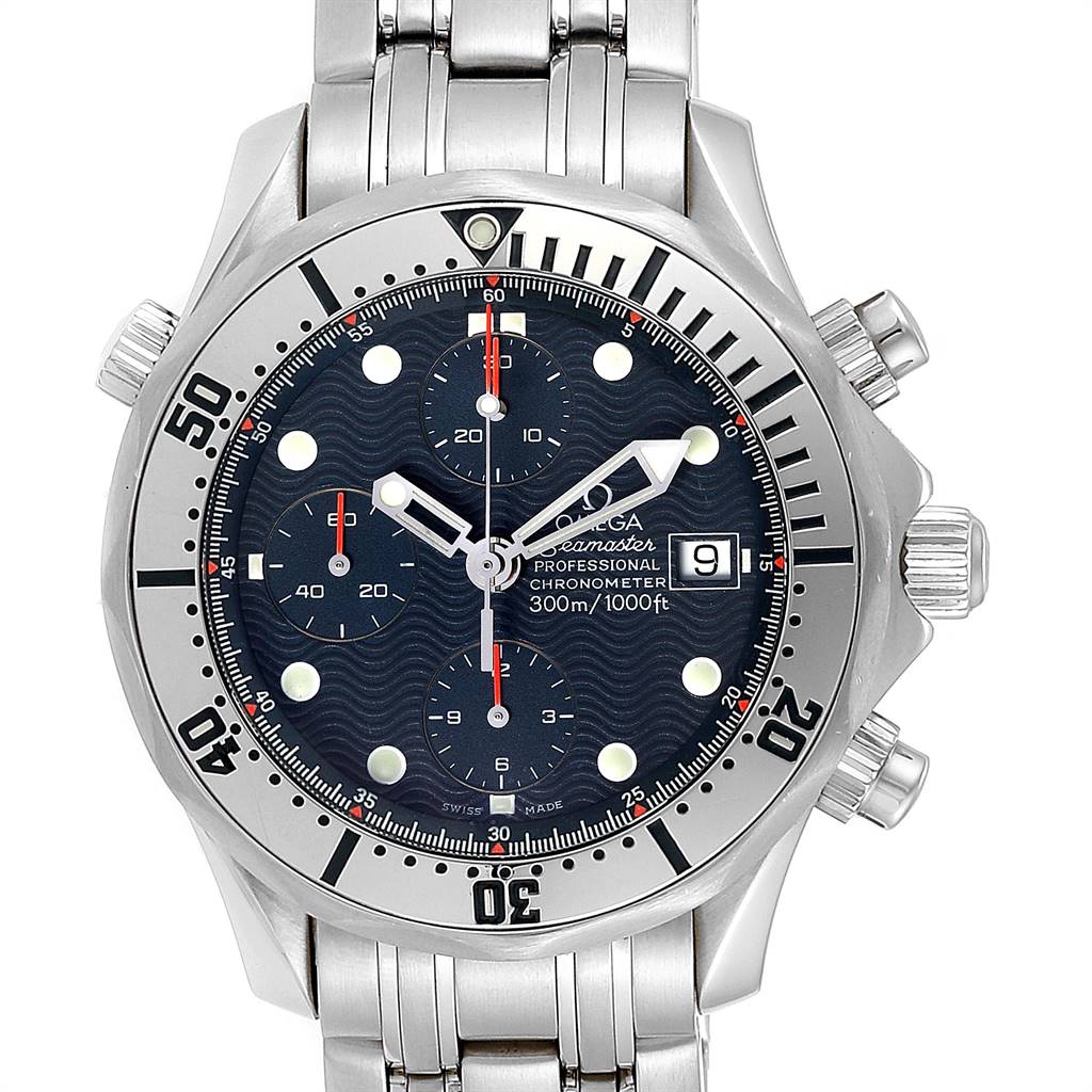 The Omega Seamaster 2598.80.00 Men
s Stainless Steel Blue Dial 2598.80.00 Men
s Stainless Steel Blue Dial watch is pictured from the front, highlighting its dial, bezel, sub-dials, and metal bracelet.