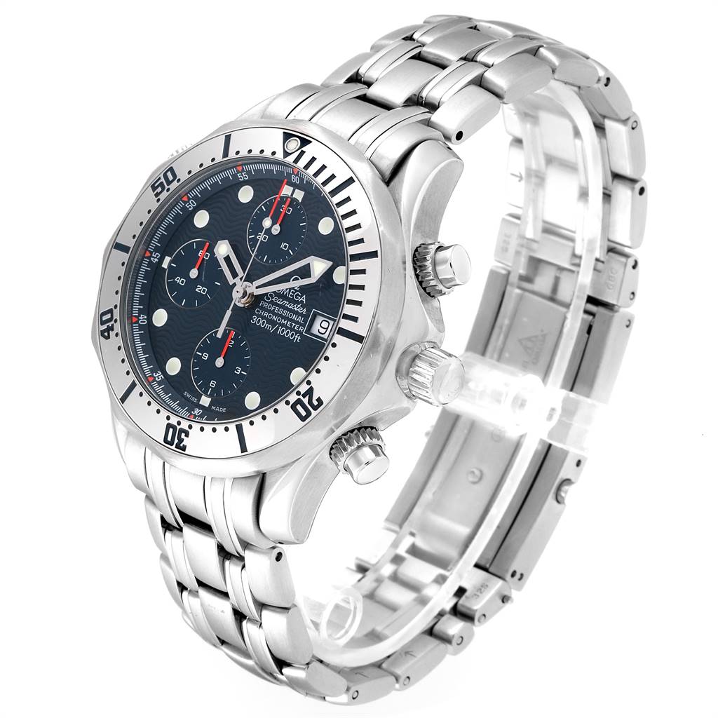 The image shows an Omega Seamaster 2598.80.00 Men
s Stainless Steel Blue Dial 2598.80.00 Men
s Stainless Steel Blue Dial watch at a slight side angle, highlighting the face, bezel, crown, and bracelet.