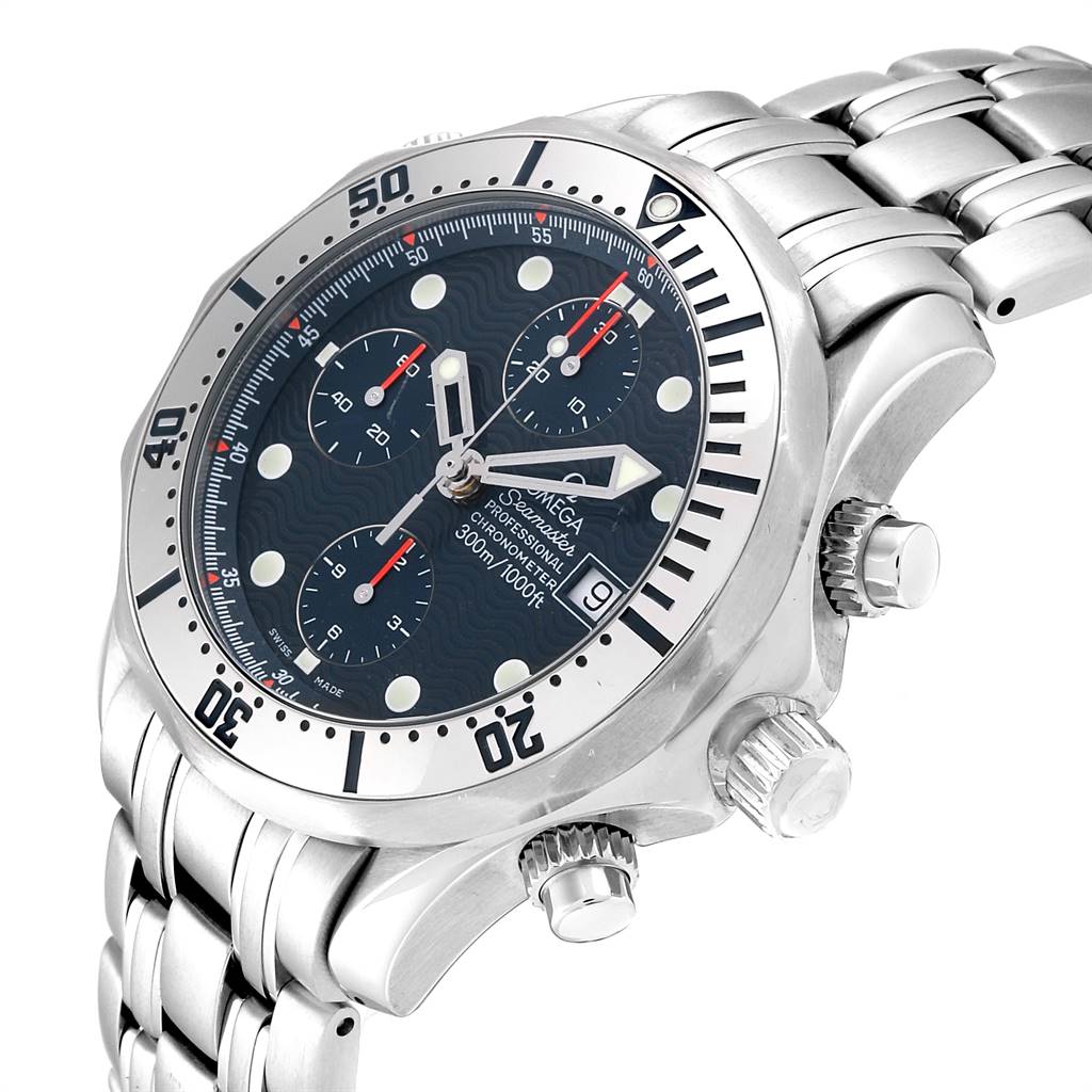 The image shows an angled view of the Omega Seamaster 2598.80.00 Men
s Stainless Steel Blue Dial 2598.80.00 Men
s Stainless Steel Blue Dial watch, displaying the face, bezel, crown, pushers, and part of the bracelet.