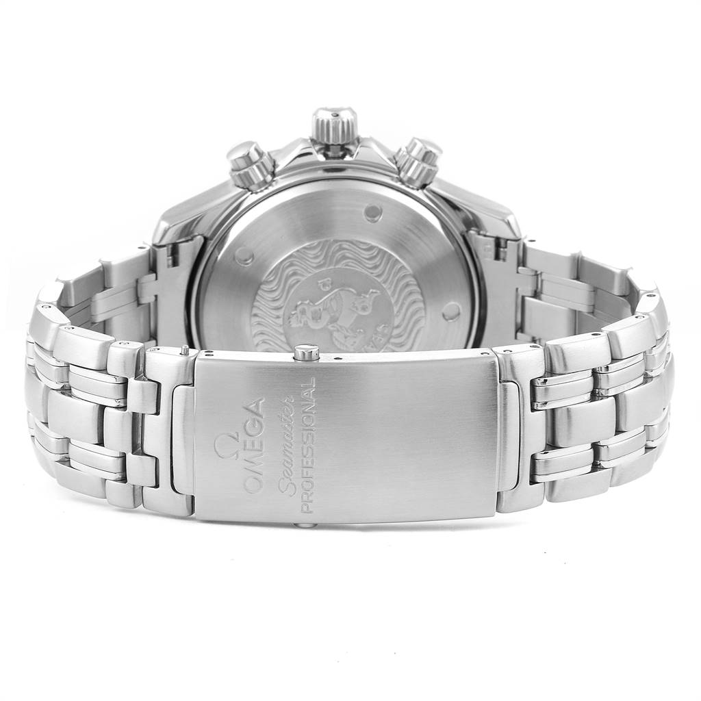 The image shows the backside of an Omega Seamaster 2598.80.00 Men
s Stainless Steel Blue Dial 2598.80.00 Men
s Stainless Steel Blue Dial watch, highlighting the caseback, chronograph pushers, and stainless steel bracelet with a clasp.