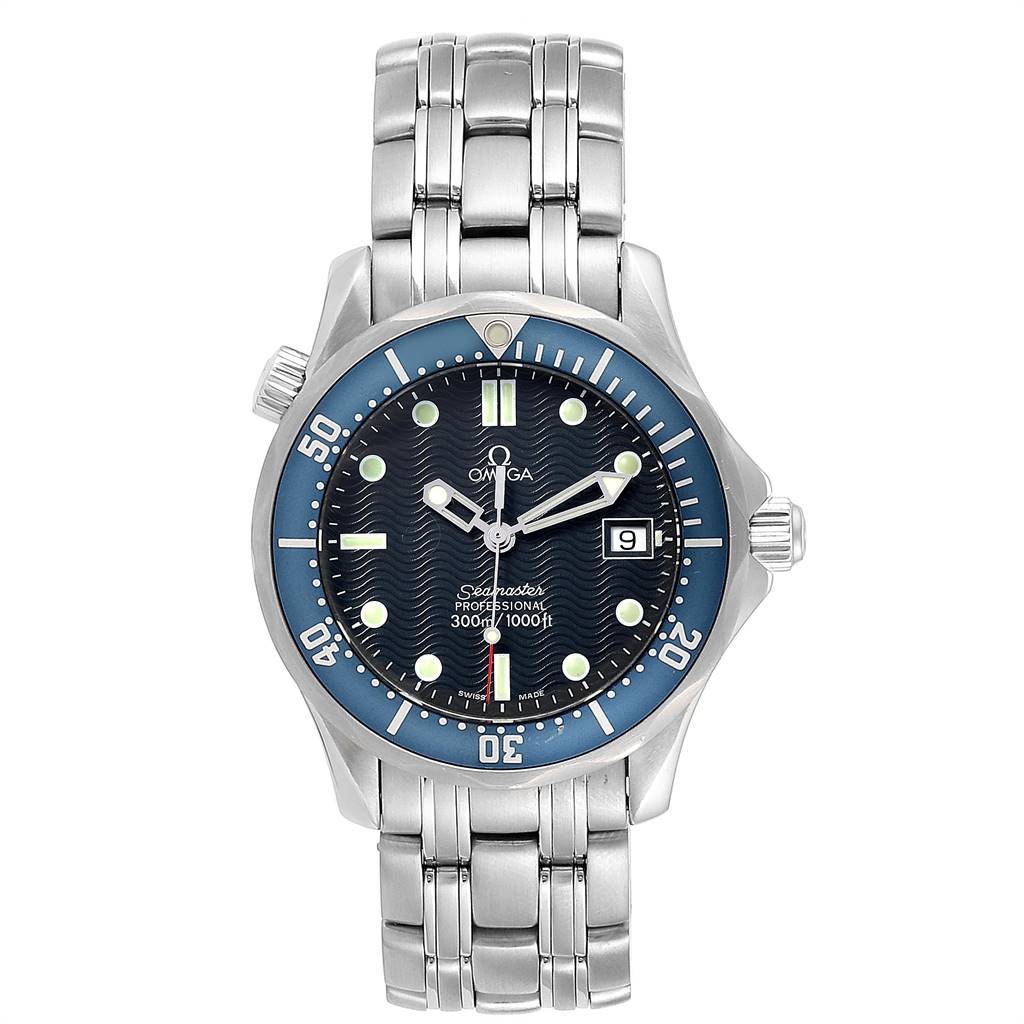 The image shows a front view of an Omega Seamaster 2561.80.00 Men
s Stainless Steel Blue Dial 2561.80.00 Men
s Stainless Steel Blue Dial watch, displaying the dial, bezel, and bracelet.