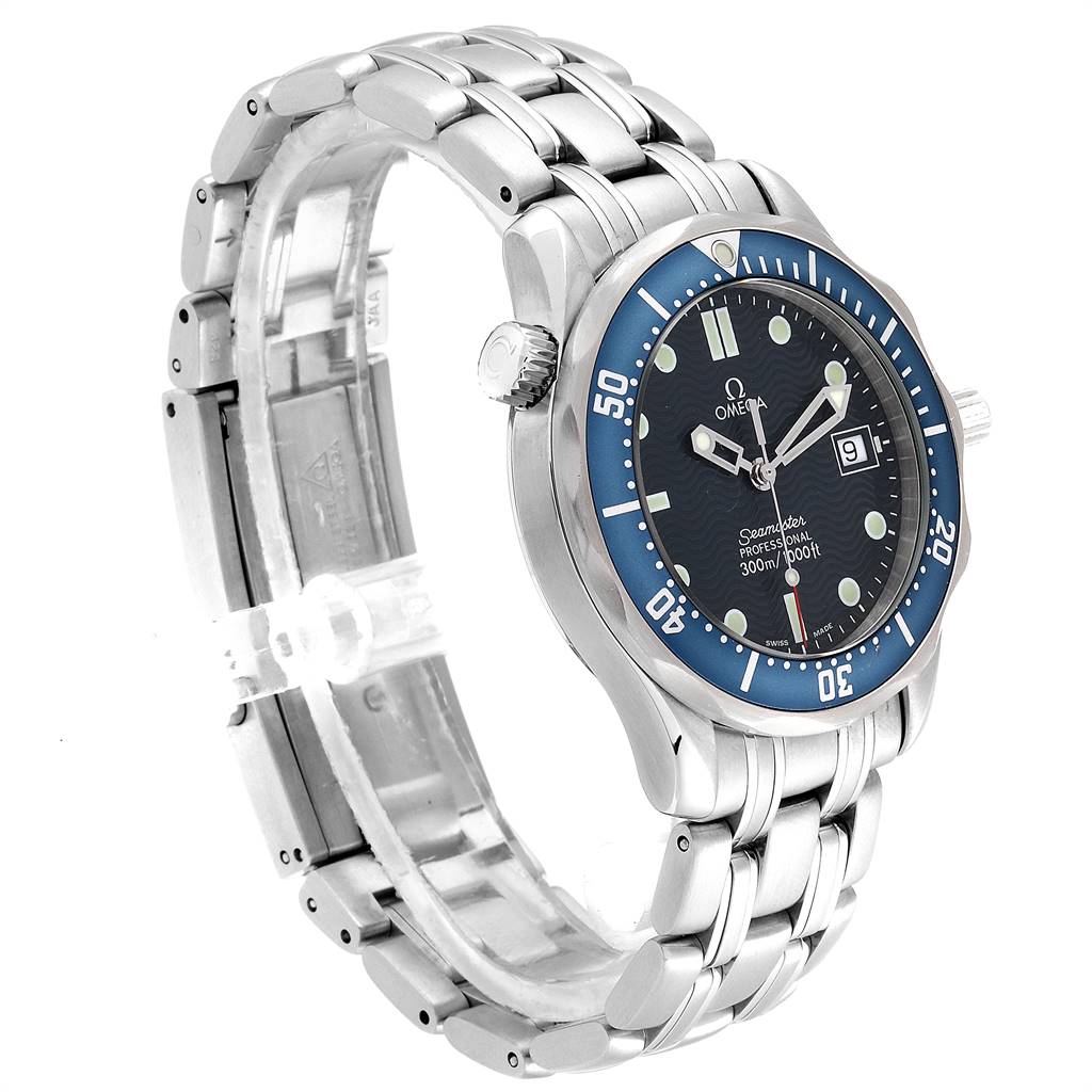 The Omega Seamaster 2561.80.00 Men
s Stainless Steel Blue Dial 2561.80.00 Men
s Stainless Steel Blue Dial watch is shown at a three-quarter angle, displaying the face, bezel, bracelet, and crown.