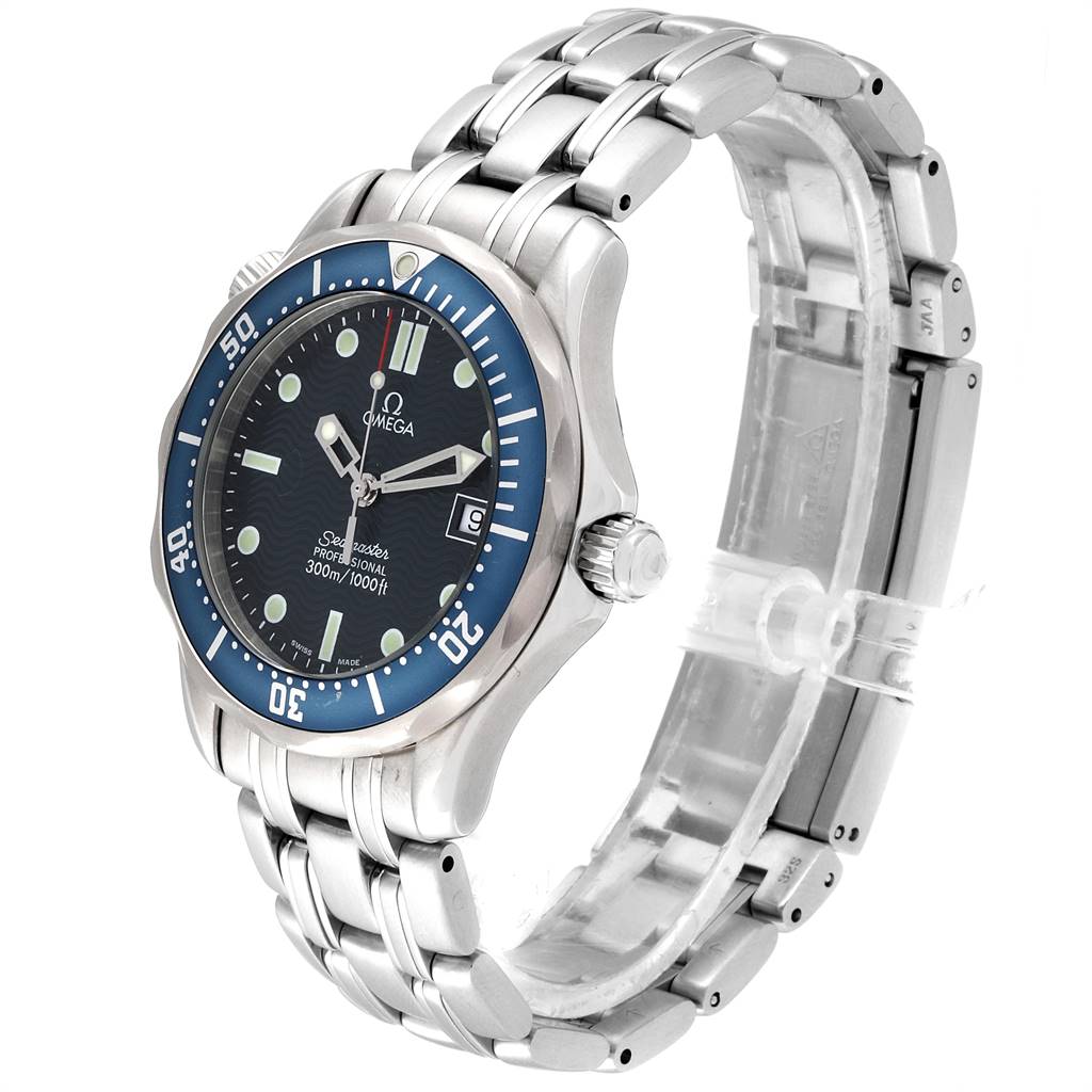 The image shows a side and front angle of an Omega Seamaster 2561.80.00 Men
s Stainless Steel Blue Dial 2561.80.00 Men
s Stainless Steel Blue Dial watch, focusing on the face, bezel, crown, and bracelet clasp.