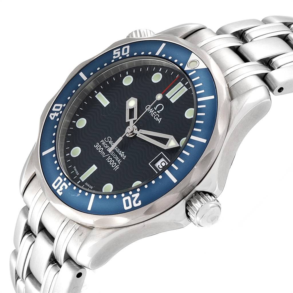 The image shows an angled view of the Omega Seamaster 2561.80.00 Men
s Stainless Steel Blue Dial 2561.80.00 Men
s Stainless Steel Blue Dial watch, highlighting the bezel, dial, hands, and part of the stainless steel bracelet.