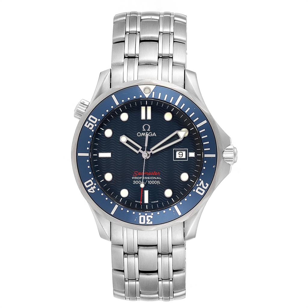 The Omega Seamaster 2221.80.00 Men
s Stainless Steel Blue Dial 2221.80.00 Men
s Stainless Steel Blue Dial watch is shown from a top-down angle, displaying its face, bezel, crown, and bracelet.