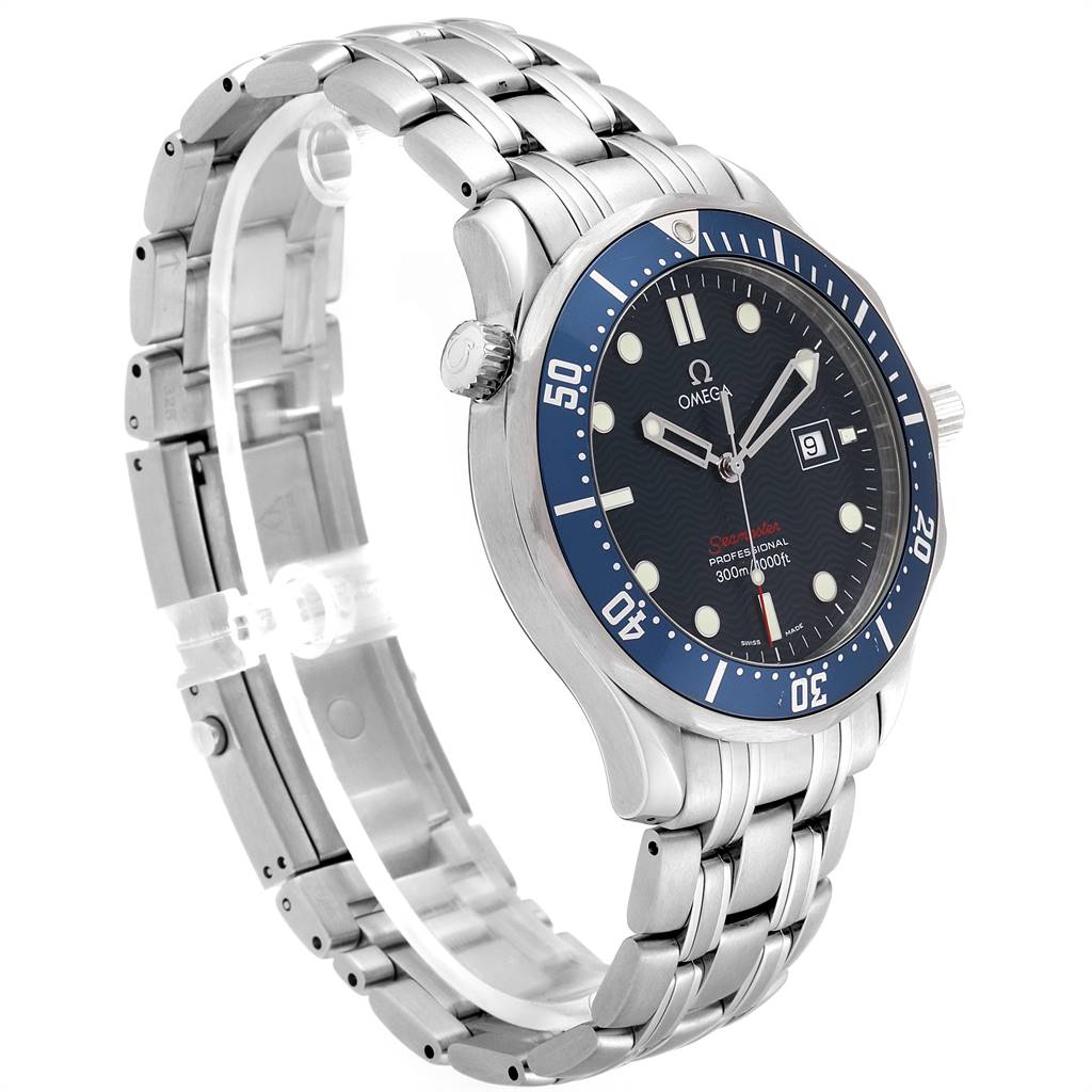 The Omega Seamaster 2221.80.00 Men
s Stainless Steel Blue Dial 2221.80.00 Men
s Stainless Steel Blue Dial watch is shown in a three-quarter angle, highlighting the dial, bezel, crown, and bracelet.