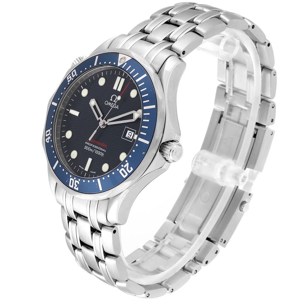 This Omega Seamaster 2221.80.00 Men
s Stainless Steel Blue Dial 2221.80.00 Men
s Stainless Steel Blue Dial watch is shown at a three-quarter angle, highlighting its face, bezel, crown, bracelet, and clasp.