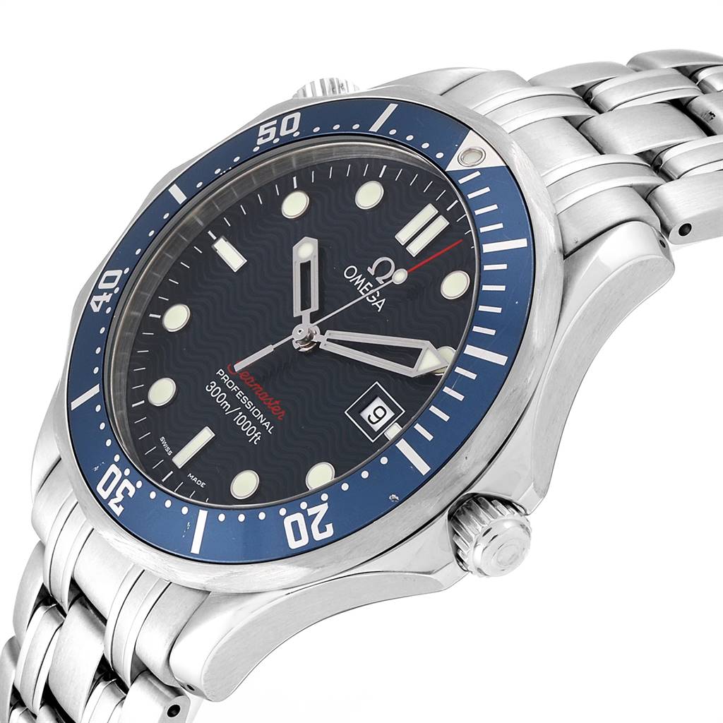 The image shows a close-up angled view of an Omega Seamaster 2221.80.00 Men
s Stainless Steel Blue Dial 2221.80.00 Men
s Stainless Steel Blue Dial watch, highlighting the face, bezel, and part of the bracelet.