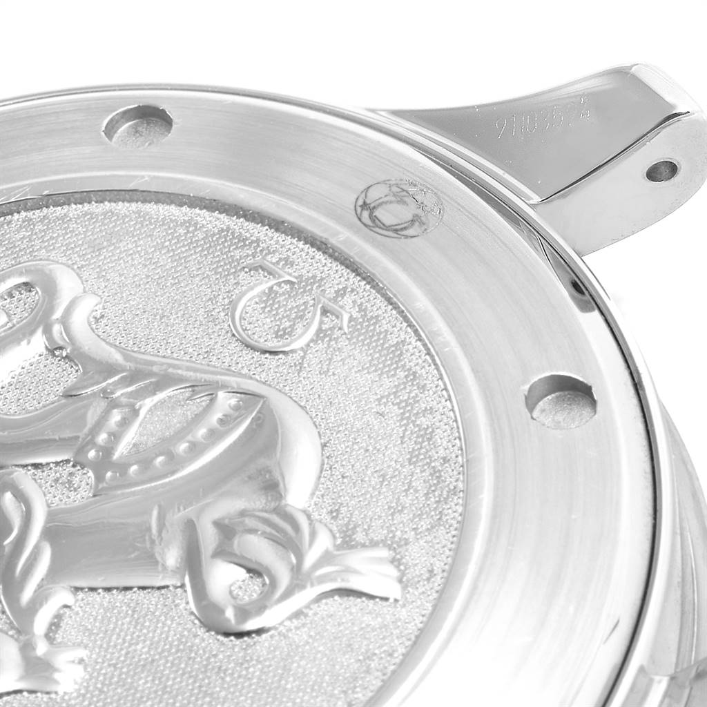 This close-up image shows the case back of an Omega Seamaster 2221.80.00 Men
s Stainless Steel Blue Dial 2221.80.00 Men
s Stainless Steel Blue Dial watch, featuring engraved branding and a decorative emblem.