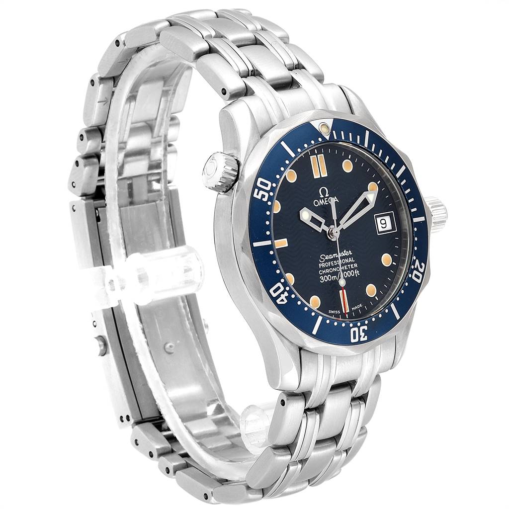 The Omega Seamaster 2551.80.00 Men
s Stainless Steel Blue Dial 2551.80.00 Men
s Stainless Steel Blue Dial watch is shown at an angled side view, displaying the face, band, crown, and bezel.