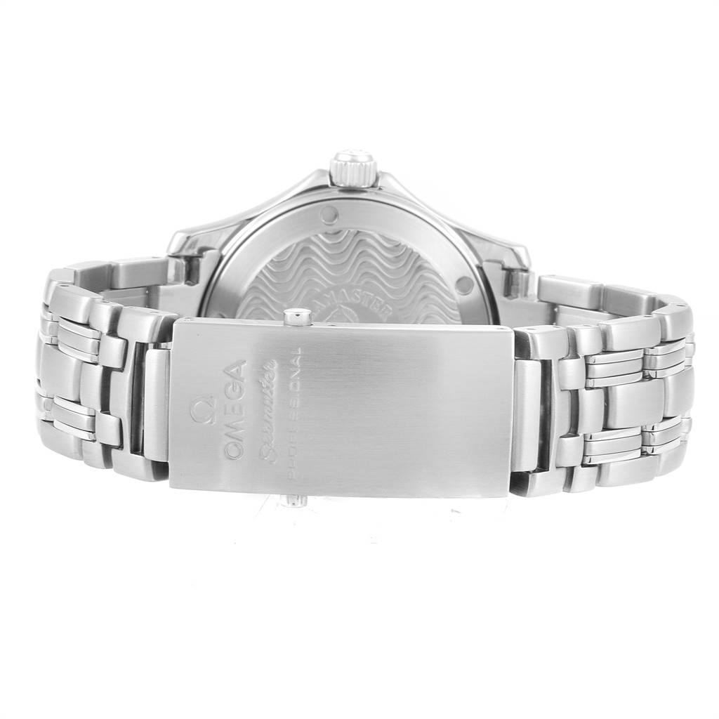 The image shows the back and bracelet clasp of an Omega Seamaster 2551.80.00 Men
s Stainless Steel Blue Dial 2551.80.00 Men
s Stainless Steel Blue Dial watch, highlighting the brand logo and model name.