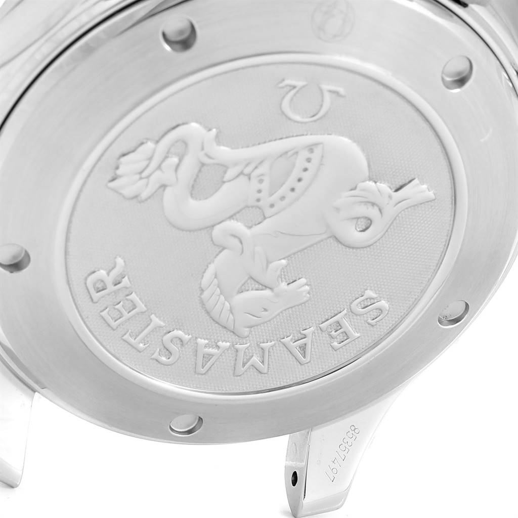 The image shows the case back of an Omega Seamaster 2220.80.00 Men
s Stainless Steel Blue Dial 2220.80.00 Men
s Stainless Steel Blue Dial watch with engraved design and markings.