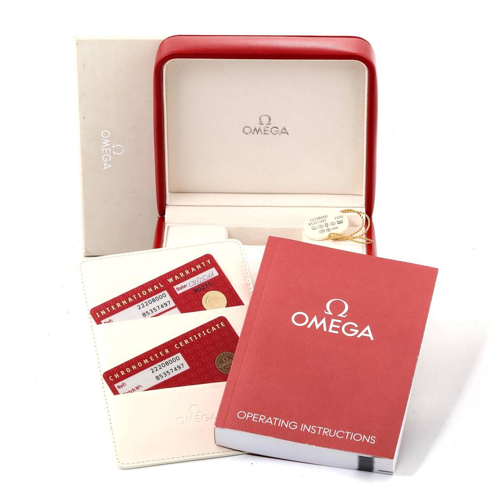 The image shows an Omega Seamaster 2220.80.00 Men
s Stainless Steel Blue Dial 2220.80.00 Men
s Stainless Steel Blue Dial watch box, operating instructions, warranty cards, and a certification card.