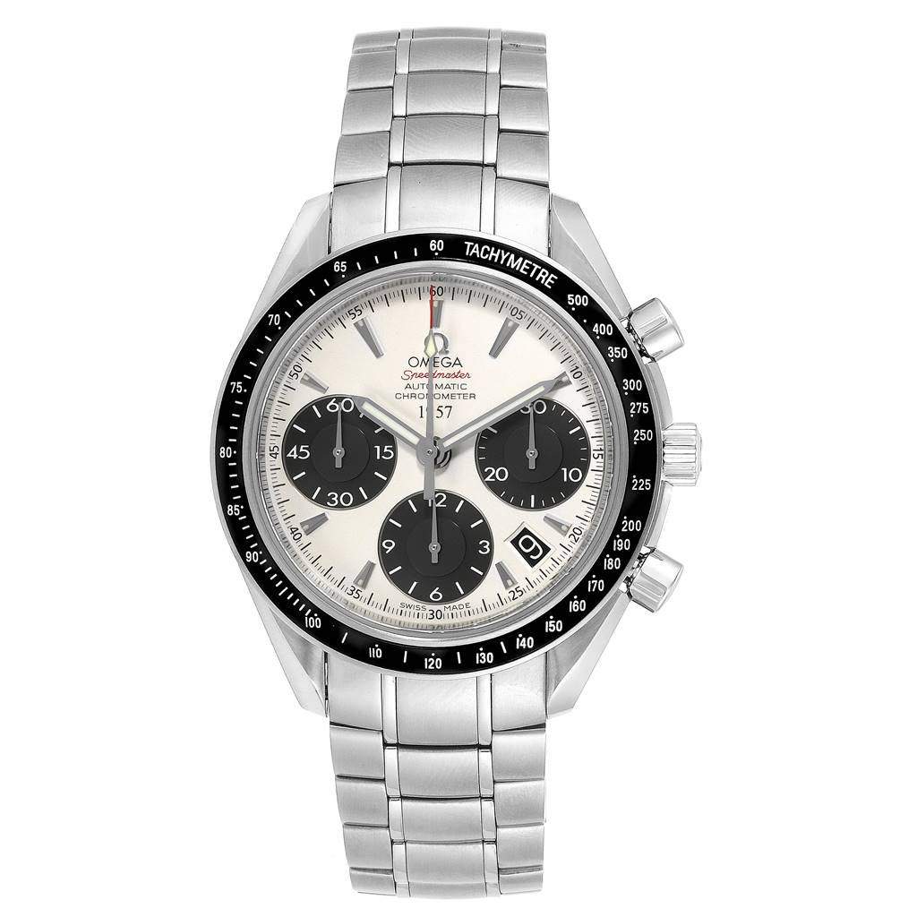 The image shows a front view of an Omega Seamaster 323.30.40.40.02.001 Men
s Stainless Steel White Dial 323.30.40.40.02.001 Men
s Stainless Steel White Dial watch, displaying the face, tachymeter bezel, and metal bracelet.